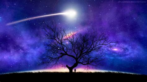 Wallpaper Tree Silhouette Space Night Starry Sky