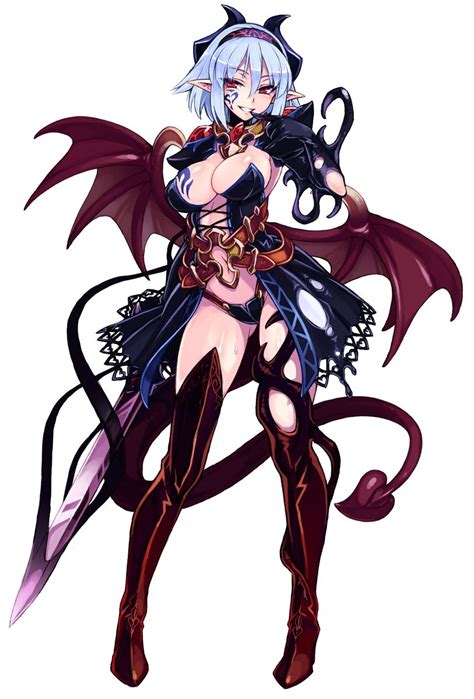 Girl Bat Wings Blue Hair Breasts Cleavage Demon Girl Highres Horns Jewelry Kenkou Cross Large