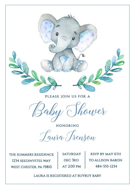 Baby Shower Invitation Elephant Baby Boy Safari Printable Etsy Baby