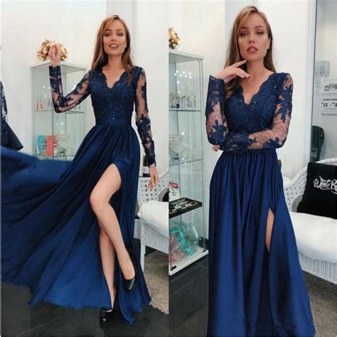 Illusion Navy Blue Long Sleeves Prom Dress Floor Length Lace Applique
