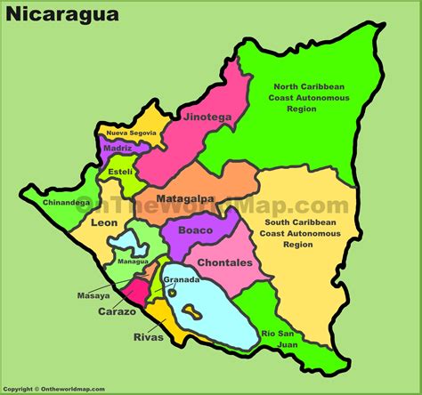 Mapa Administrativo De Nicaragua Departamentos De Nicaragua
