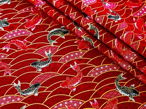 Red Japanese Fabric By The Meter Yard Koi Carp Fish Pattern Etsy