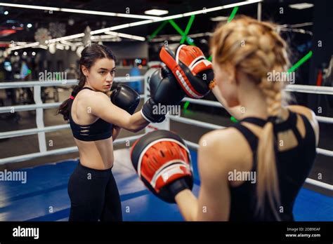 Two Women In Gloves Boxing In The Ring Box Training Female Boxers In Gym Kickboxing Sparring