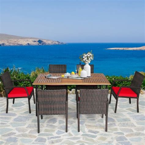 Gymax 7pcs Patio Dining Furniture Set Yard W Wooden Tabletop Red