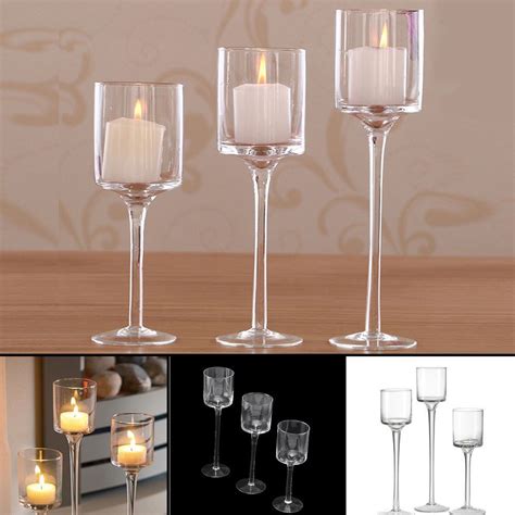 Set Of 3 Tall Glass Large Candle Holders Centrepiece Tea Light Wedding