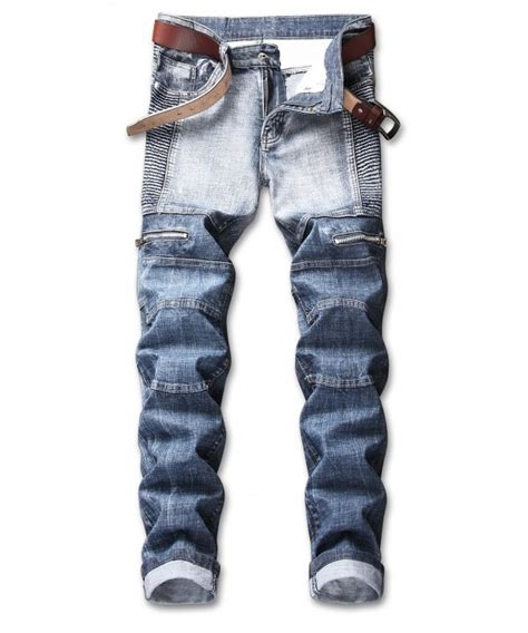 Pleated Zipper Embellished Pockets Jeans Denim Blue 3891292312