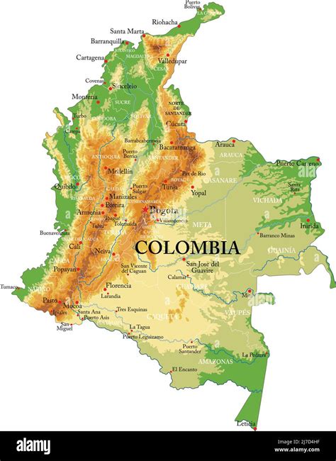 Carte physique très détaillée de la Colombie en format vectoriel avec