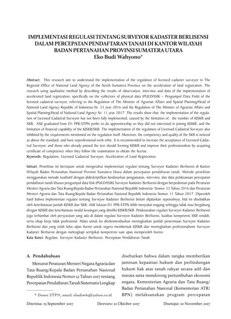 @inproceedings{wahyono2018implementasirt, title={implementasi regulasi tentang surveyor kadaster berlisensi dalam percepatan pendaftaran tanah di kantor wilayah badan pertanahan provinsi sumatera utara. (PDF) Implementasi Regulasi Tentang Surveyor Kadaster ...