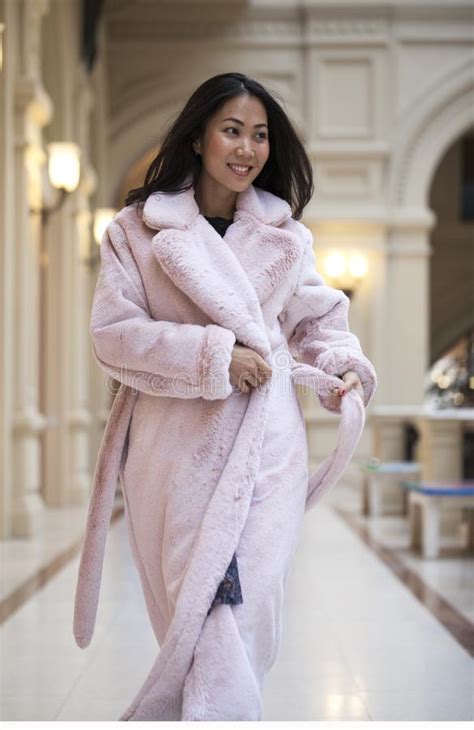 Happy Asian Woman In Winter Coat From Faux Fur Stock Image Image Of