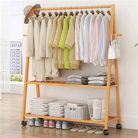 Wood Clothes Rack On Wheels Rolling Garment Rack With 2 Tier Storage