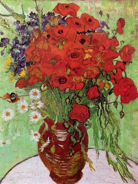 Some of the flowers are fresh and perky, ringed with halos. Vase with Red Poppies and Daisies, 1890 by Vincent Van Gogh