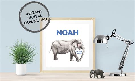 Noah Name Art Digital Print With Elephant Perfect Etsy