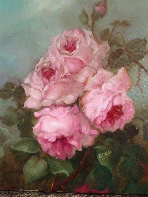 Barnes Oil Painting Klein Pink Roses Antique Vintage Style Shabby