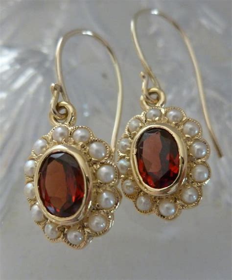 Vintage Garnet Earrings With Pearls Solid Gold 9ct 9k 14k Etsy