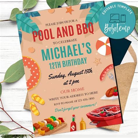 Pool Bbq Party Invitation Customizable Template Printable Instant