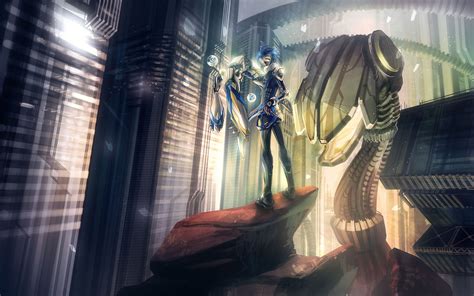 Maybe you would like to learn more about one of these? blue hair building city mecha scenic weapon | konachan.com ...