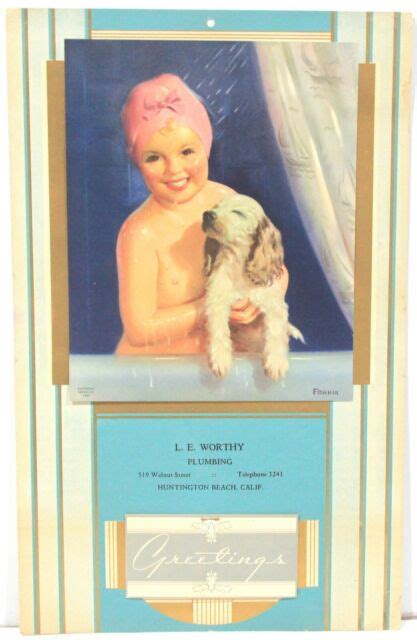 1944 Art Frahm Wall Calendar Young Girl And Her Dog Taking A Shower Ebay