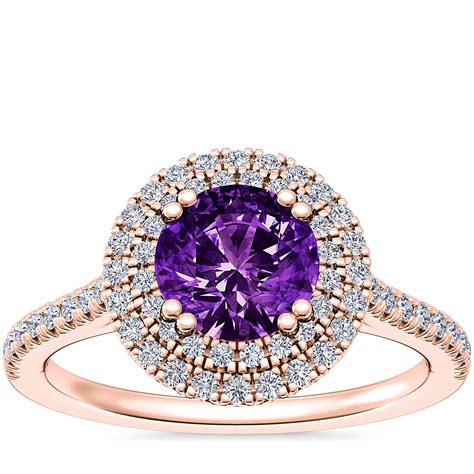 Micropavé Double Halo Diamond Engagement Ring With Round Amethyst In