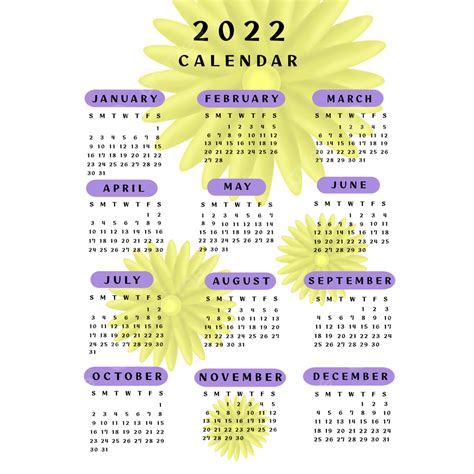 Gambar Kalender 2022 Dengan Hiasan Bunga Kuning 2022 Kalender Vektor