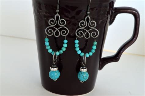 Turquoise Blue Stone And Crystal Wire Wrapped Earrings By