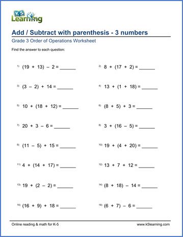 Compare an algebraic solution to an arithmetic solution, identifying the sequence of the operations used in each. Grade 3 order of operations Worksheet add/subtract with ...