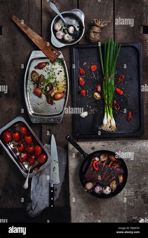 Variation Of Food On Wooden Table Stock Photo Alamy
