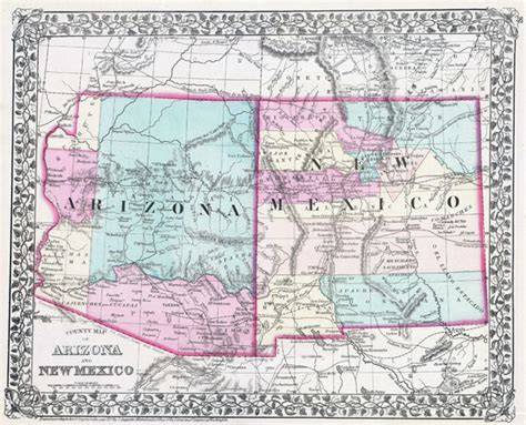 Large Detailed Old Map Of Arizona And New Mexico States 1877