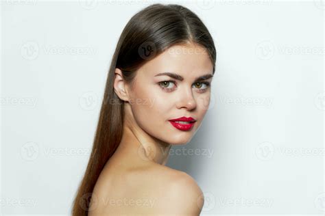 Woman Portrait Smiling Naked Shoulders Red Lips Model Natural Look