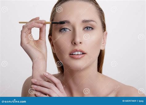Closeup Beautiful Woman With Eyebrow Brush Tool Stock Image Image Of