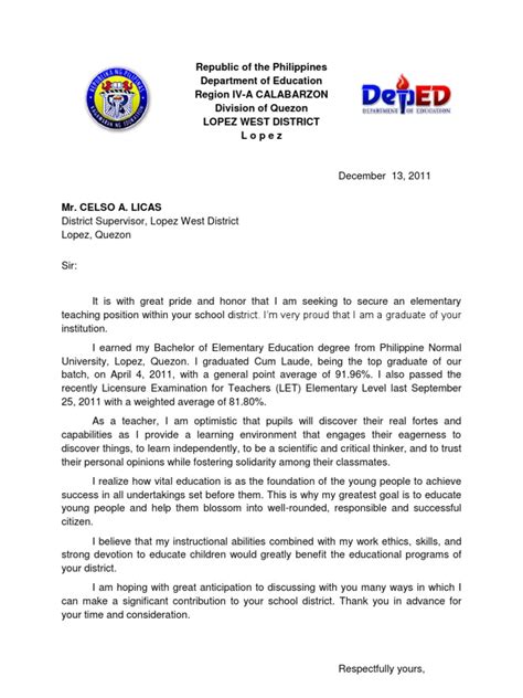 application letter teacher philippines