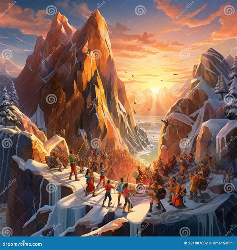 Breathtaking Mountain Peak with Climbers in Futuristic Gear and