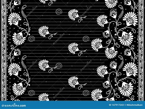 Seamless Black And White Textile Floral Border Stock Illustration