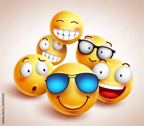 Smiley Face Emoticons Vector Characters With Funny Group Of Cool