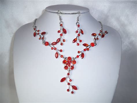 Red Rhinestone Necklace Jewelry Set Prom Quenceanera Bridal Party