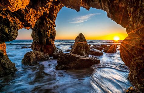 Usa Sea Scenery Malibu Crag Rays Of Light Nature
