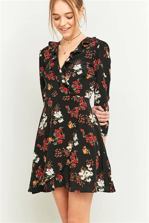 Pins And Needles Black Floral Frill Wrap Dress Urban Outfitters Women