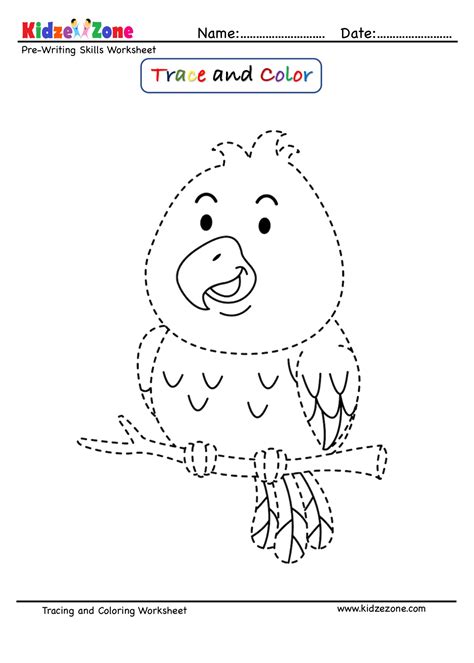 Parrot Cartoon Trace And Color Worksheet Kidzezone