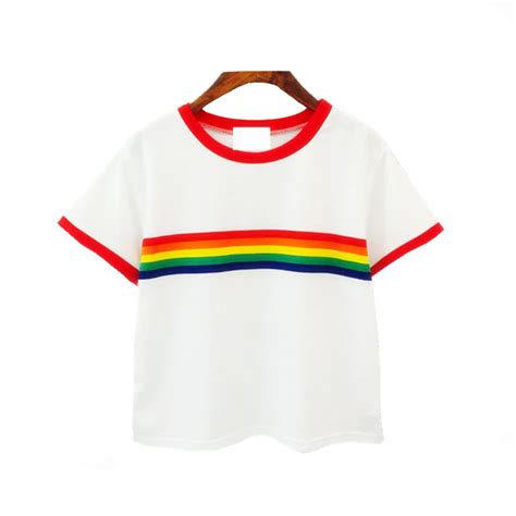 2018 Summer Rainbow Stripe Cotton T Shirts Womens Short Sleeve Female T Shirt O Neck Tops
