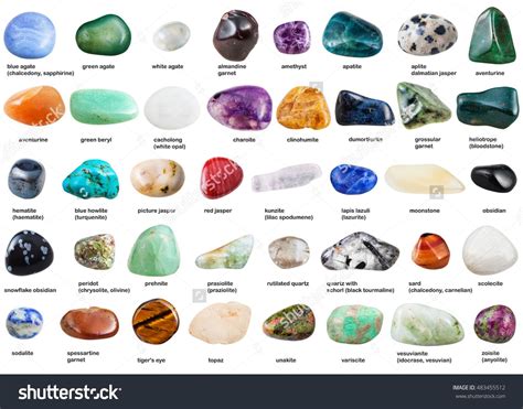 Set Of Various Tumbled Gemstones With Names Isolated On White Background Minerals And Gemstones