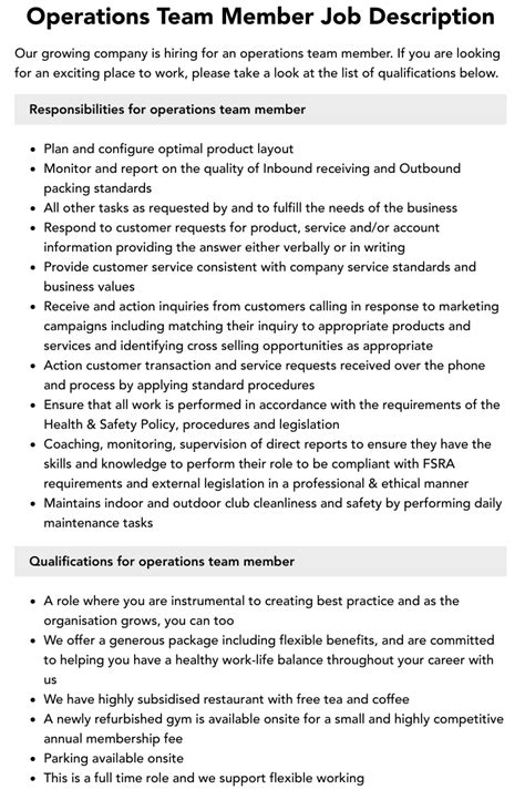 operations team member job description velvet jobs
