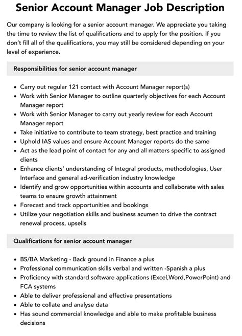 Senior Account Manager Job Description Velvet Jobs