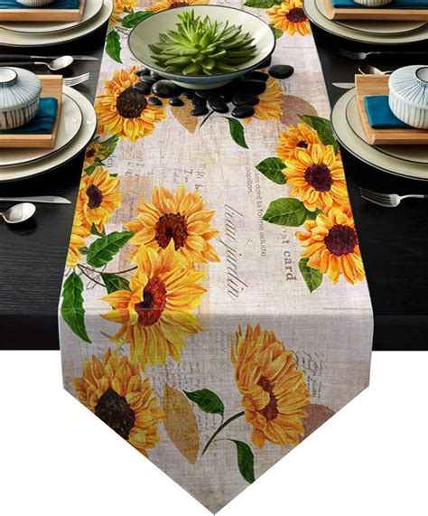Betterday Cotton Linen Table Runner Painted Sunflower And