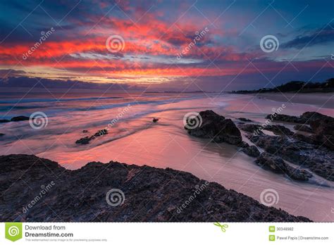 Australian Seascape At Sunrise With Rich In Red Color Stock Photo