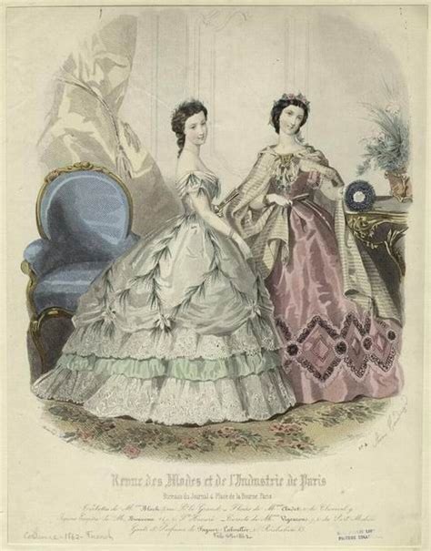 Pleated trimming on 1860s gowns. 1862, Paris fashion plate, 2 young lady's ball gowns ...