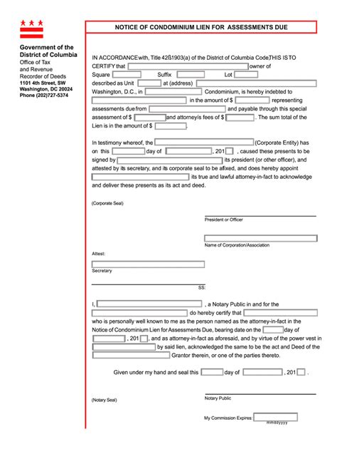 2012 Form Dc Notice Of Condominium Lien For Assessments Due Fill Online