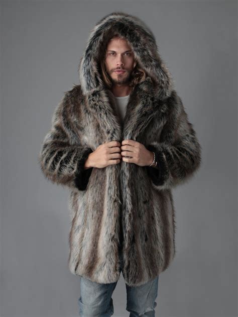 Hooded Grey Wolf Faux Fur Coat Faux Fur Coat Men Faux Fur Coat Faux