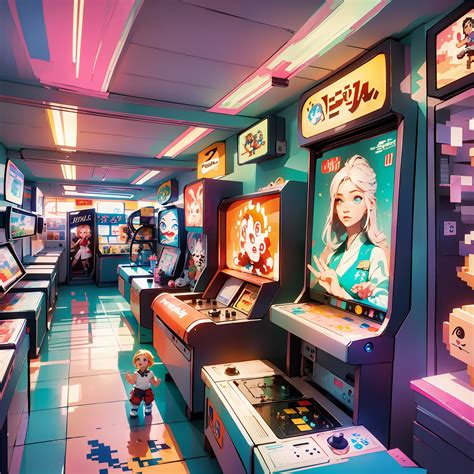 A close up of a bunch of arcade machines in a room - SeaArt AI