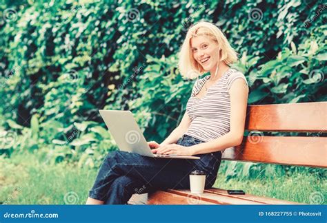 Girl Blogger Write Post For Social Network Modern Woman With Notebook