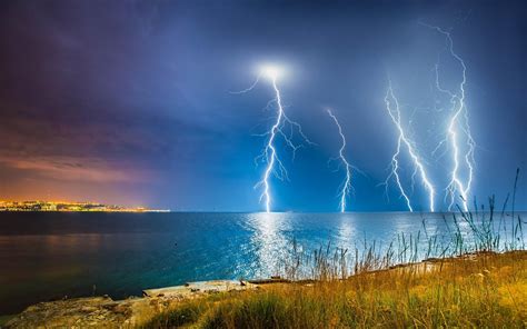 Nature Landscape Lightning Coast Storm Sea Clouds City Shrubs