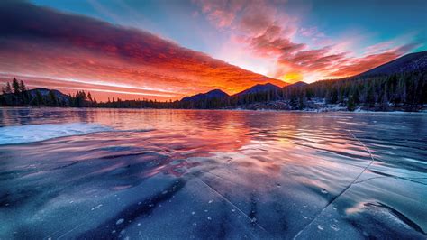 Download 1920x1080 Wallpaper Frozen Lake Sunset Winter Skyline